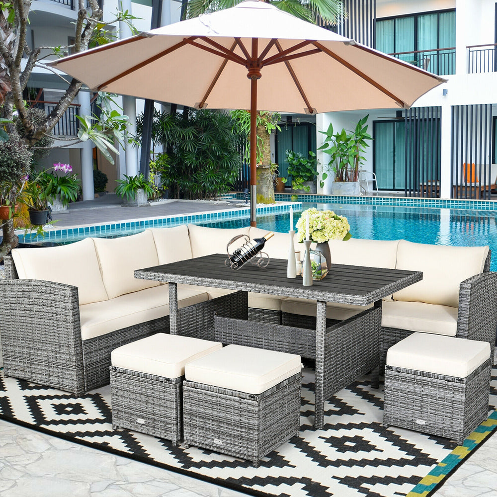 Packages include 3 loveseats  3 ottomans  1 table  6 seat cushions  7 back cushions  and instruction<br>Packages come in 4 boxes<br>Powder-coated steel structure provides strong durability and stability<br>All-weather and wear-resistant rattan ensures lon