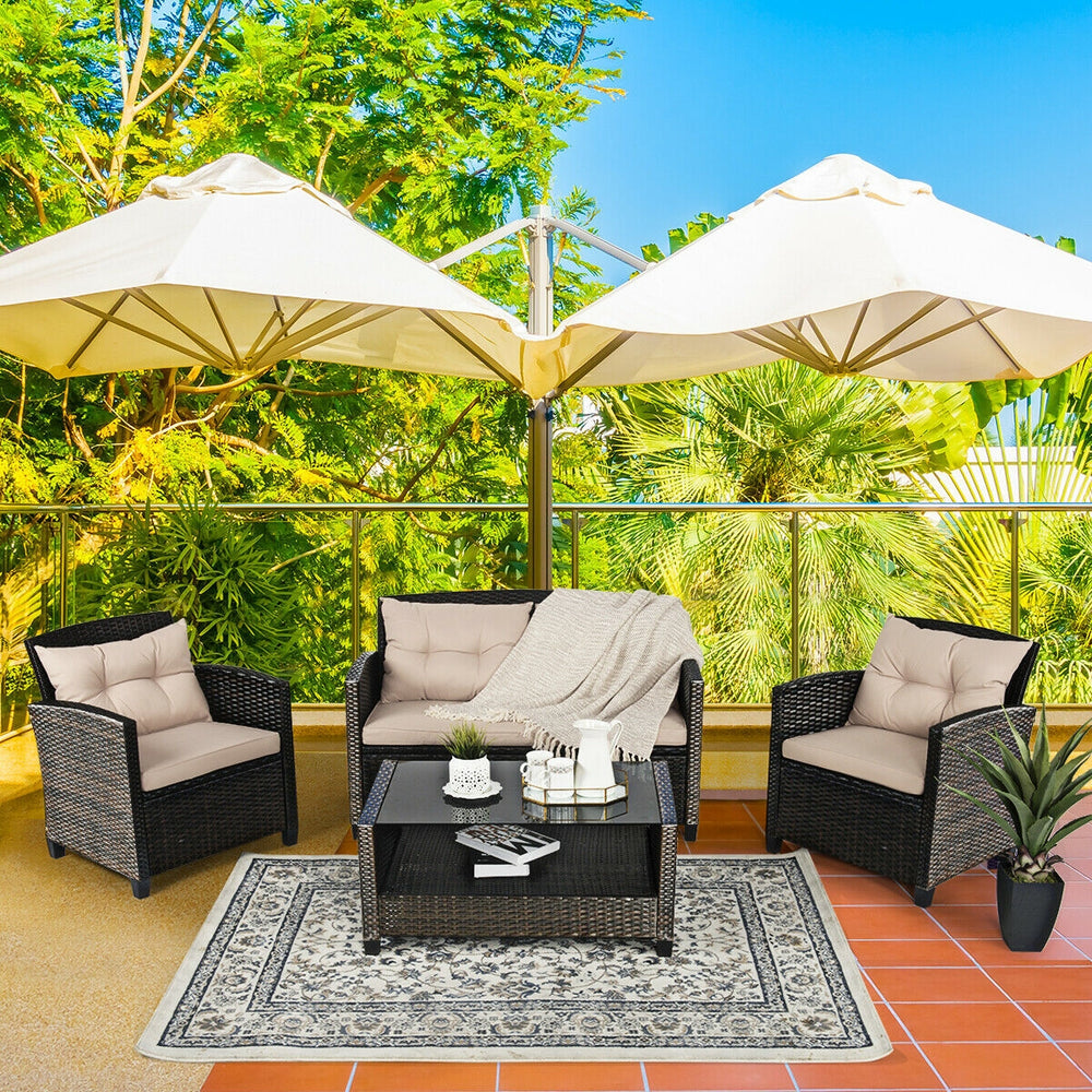 Consist of 2 single sofas  1 loveseat and a tea table <br>Ergonomics chair back and armrest shape design <br>Different combinations according to your needs <br>Sturdy steel frame  stable and not easy to shake <br>High quality PE rattan wicker  high-grade 