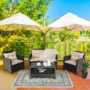 Consist of 2 single sofas  1 loveseat and a tea table <br>Ergonomics chair back and armrest shape design <br>Different combinations according to your needs <br>Sturdy steel frame  stable and not easy to shake <br>High quality PE rattan wicker  high-grade 