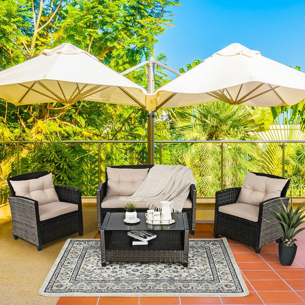 Consist of 2 single sofas  1 loveseat and a tea table <br>Ergonomics chair back and armrest shape design <br>Different combinations according to your needs <br>Sturdy steel frame  stable and not easy to shake <br>High quality PE rattan wicker  high-grade 