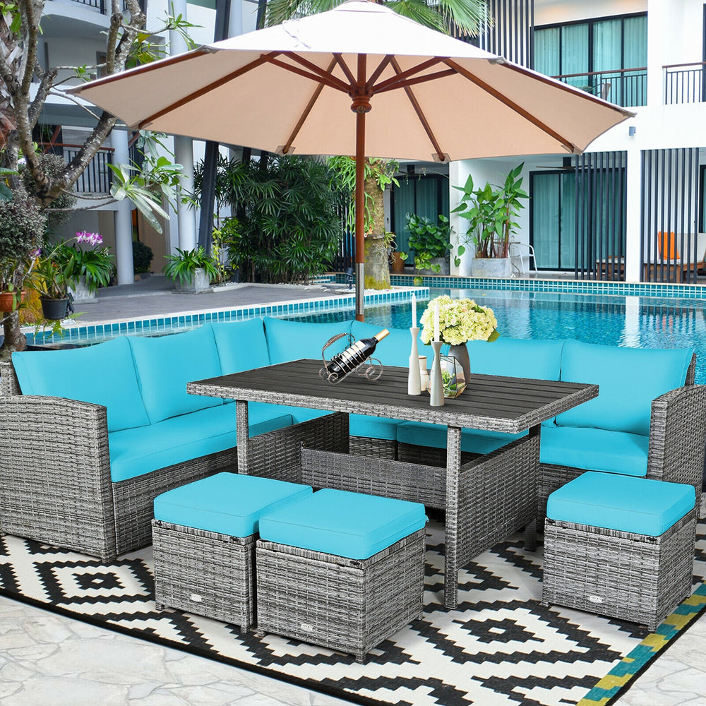 Packages include 3 loveseats  3 ottomans  1 table  6 seat cushions  7 back cushions  and instruction<br>Packages come in 4 boxes<br>Powder-coated steel structure provides strong durability and stability<br>All-weather and wear-resistant rattan ensures lon