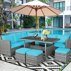 Packages include 3 loveseats  3 ottomans  1 table  6 seat cushions  7 back cushions  and instruction<br>Packages come in 4 boxes<br>Powder-coated steel structure provides strong durability and stability<br>All-weather and wear-resistant rattan ensures lon