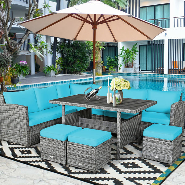 Packages include 3 loveseats  3 ottomans  1 table  6 seat cushions  7 back cushions  and instruction<br>Packages come in 4 boxes<br>Powder-coated steel structure provides strong durability and stability<br>All-weather and wear-resistant rattan ensures lon