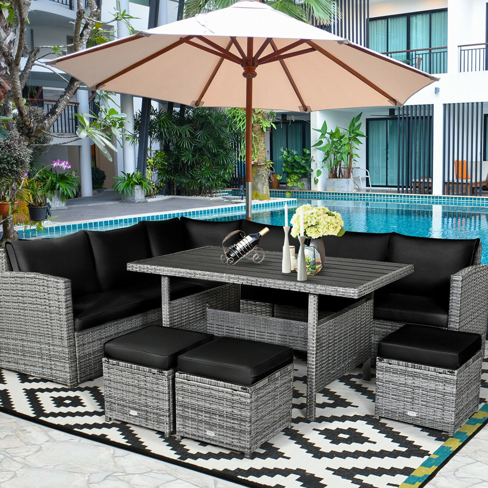 Packages include 3 loveseats  3 ottomans  1 table  6 seat cushions  7 back cushions  and instruction<br>Packages come in 4 boxes<br>Powder-coated steel structure provides strong durability and stability<br>All-weather and wear-resistant rattan ensures lon