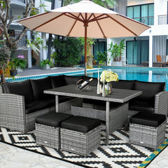 Packages include 3 loveseats  3 ottomans  1 table  6 seat cushions  7 back cushions  and instruction<br>Packages come in 4 boxes<br>Powder-coated steel structure provides strong durability and stability<br>All-weather and wear-resistant rattan ensures lon