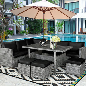 Packages include 3 loveseats  3 ottomans  1 table  6 seat cushions  7 back cushions  and instruction<br>Packages come in 4 boxes<br>Powder-coated steel structure provides strong durability and stability<br>All-weather and wear-resistant rattan ensures lon