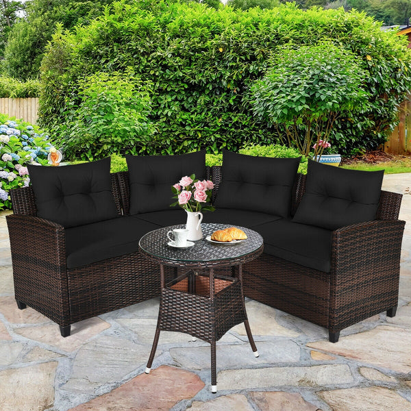 The sturdy and durable steel frame ensures sturdiness of the set<br>Tight and hand-woven rattan can withstand moderate rain or wind<br>Thick and soft cushion with a high-density sponge for your hip and back<br>Cover with the zipper of the seat cushion is 