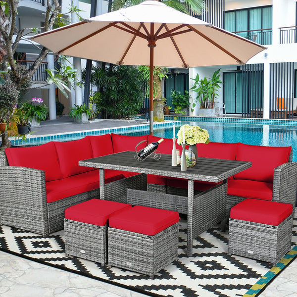 Packages include 3 loveseats  3 ottomans  1 table  6 seat cushions  7 back cushions  and instruction<br>Packages come in 4 boxes<br>Powder-coated steel structure provides strong durability and stability<br>All-weather and wear-resistant rattan ensures lon