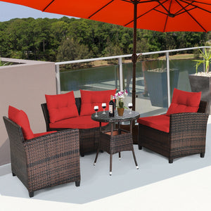 The sturdy and durable steel frame ensures sturdiness of the set<br>Tight and hand-woven rattan can withstand moderate rain or wind<br>Thick and soft cushion with a high-density sponge for your hip and back<br>Cover with the zipper of the seat cushion is 