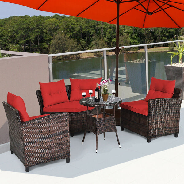 The sturdy and durable steel frame ensures sturdiness of the set<br>Tight and hand-woven rattan can withstand moderate rain or wind<br>Thick and soft cushion with a high-density sponge for your hip and back<br>Cover with the zipper of the seat cushion is 