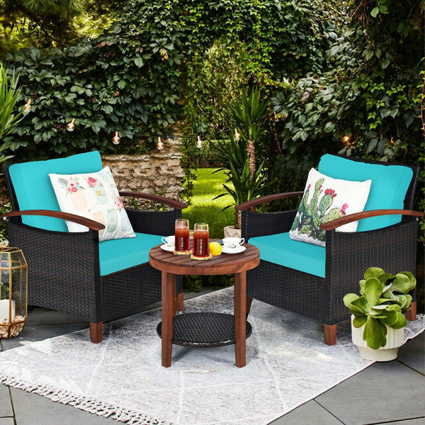 Made of tightly woven all-weather rattan to ensure durability<br>Acacia wood frame and thickened legs provide powerful support<br>The space-saving table can be used as an end table  side table  or coffee table<br>Thick cushions filled with premium sponge 