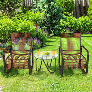 This patio furniture set includes 2 single chairs and a side table. You can place it on the patio  balcony  garden  poolside  or any other place in your home. Â  This wicker bistro set with a classic design will add a sense of elegance to your space. Sing