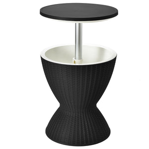 The retractable tabletop is fixed tightly by the knob <br>Flexible adjustment of 22.5'' and 32.5'' <br>Multiple uses as a patio side table and an ice bucket <br>8 gal capacity to store various drinks and snacks <br>Drainage hole with a plug for easy clean