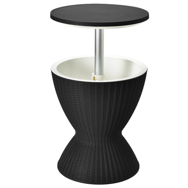 The retractable tabletop is fixed tightly by the knob <br>Flexible adjustment of 22.5'' and 32.5'' <br>Multiple uses as a patio side table and an ice bucket <br>8 gal capacity to store various drinks and snacks <br>Drainage hole with a plug for easy clean