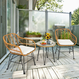 Premium wicker ensures high resistance to weather/sunlight/water<br>Heavy-duty steel frame with rust-resistant powder coated surface<br>High density sponge padded cushions provide great comfort<br>Tempered glass tabletop to place small decor  snacks and d