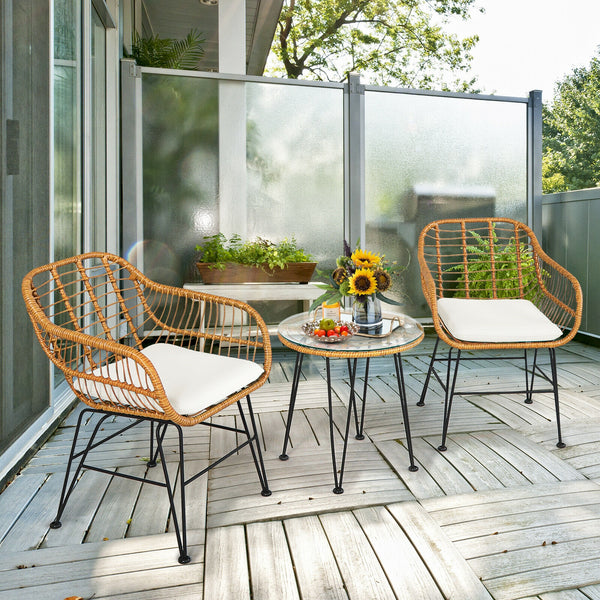 Premium wicker ensures high resistance to weather/sunlight/water<br>Heavy-duty steel frame with rust-resistant powder coated surface<br>High density sponge padded cushions provide great comfort<br>Tempered glass tabletop to place small decor  snacks and d