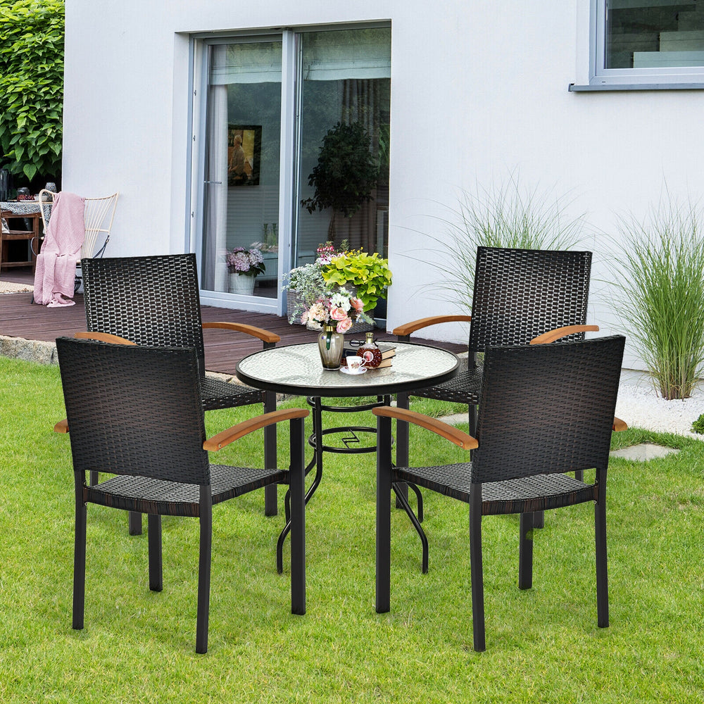 Dive into a rollicking good time with this patio rattan chairs! Â  The patio chairs come with mix-brown rattan weaving and rust-proof galvanized steel outline that hand over trendy outdoor collections with lasting quality. The stackable feature makes stor