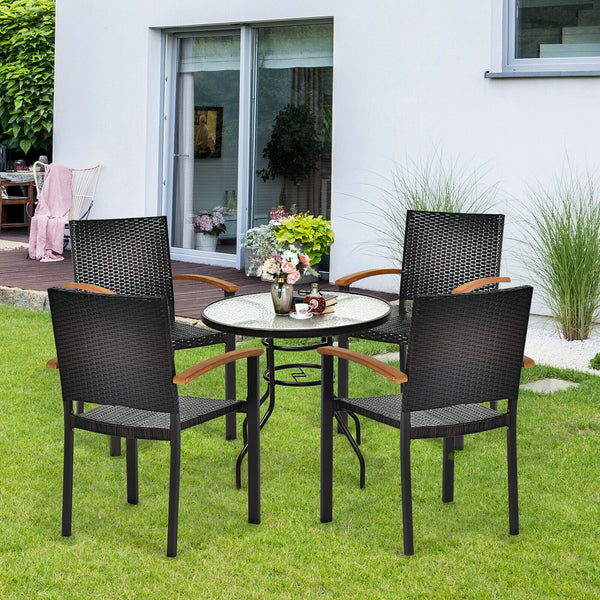 Dive into a rollicking good time with this patio rattan chairs! Â  The patio chairs come with mix-brown rattan weaving and rust-proof galvanized steel outline that hand over trendy outdoor collections with lasting quality. The stackable feature makes stor