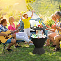 The retractable tabletop is fixed tightly by the knob <br>Flexible adjustment of 22.5'' and 32.5'' <br>Multiple uses as a patio side table and an ice bucket <br>8 gal capacity to store various drinks and snacks <br>Drainage hole with a plug for easy clean