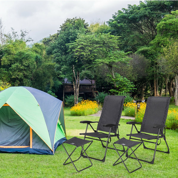 Made of solid steel and high-strength fabric  this patio chair set can load up to 300lbs for long term use. Â  Since its folding design  this patio chair set can be stored and carried without taking up much living space. Also  the 7-gear adjustable backre