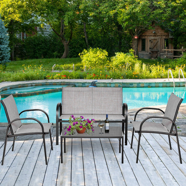 Including 1 loveseat  2 single sofas  and 1 tea table with a glass top<br>High quality and brand new<br>Modern and fashionable design<br>Solid steel frame  durable and sturdy<br>Tea table with a large tabletop<br>Perfect display<br>Wonderful for outdoor l