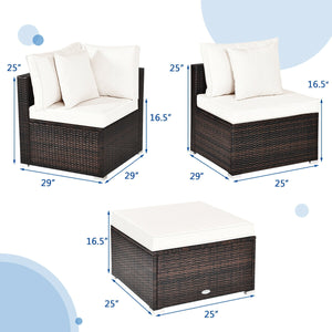 Includes 2 corner sofas  1armless table and 1 ottoman for versatile use<br>Sturdy powder-coated steel frame provides strong durability and stability<br>All-weather and wear-resistant PE rattan provides a long service life<br>Thick and soft sponge padded c