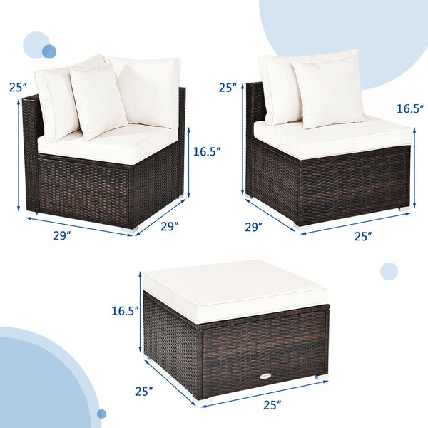 Includes 2 corner sofas  1armless table and 1 ottoman for versatile use<br>Sturdy powder-coated steel frame provides strong durability and stability<br>All-weather and wear-resistant PE rattan provides a long service life<br>Thick and soft sponge padded c