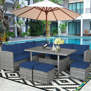 Packages include 3 loveseats  3 ottomans  1 table  6 seat cushions  7 back cushions  and instruction<br>Packages come in 4 boxes<br>Powder-coated steel structure provides strong durability and stability<br>All-weather and wear-resistant rattan ensures lon