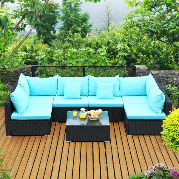 Free combination of sectional sofa as per your needs<br>Solid structure with L shape aluminum feet<br>Exquisite PE wicker frame adds unique charm<br>Comfortable sofa set with thick cushions and soft pillows<br>The cover of seat cushion is removable and wa