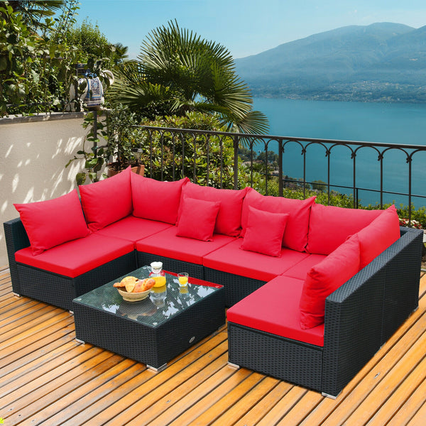 Free combination of sectional sofa as per your needs<br>Solid structure with L shape aluminum feet<br>Exquisite PE wicker frame adds unique charm<br>Comfortable sofa set with thick cushions and soft pillows<br>The cover of seat cushion is removable and wa