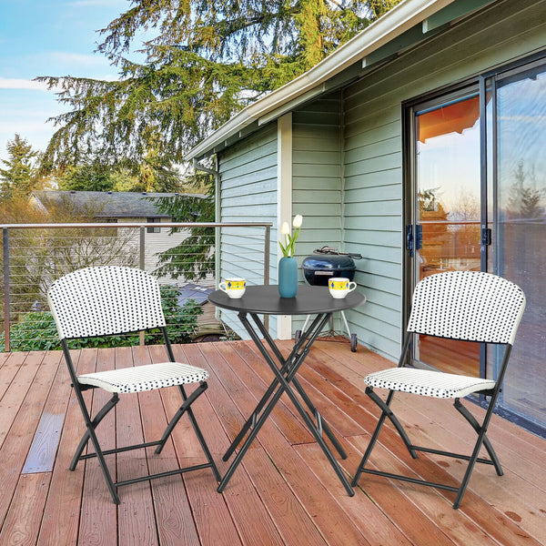 This 3-piece rattan dining chair and table set includes 1 folding dining table and 2 chairs  which will bring an elegant atmosphere to your patio or deck. Â  The heavy-duty steel frame provides a solid foundation for this delightful dining set. Besides  d