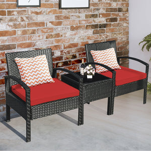 This rattan patio conversation set which will provide you a comfortable experience in your leisure time. Â  This set of outdoor furniture is made of high-quality rattan and strong steel  which is durable and has a long service life. The thick soft cushion