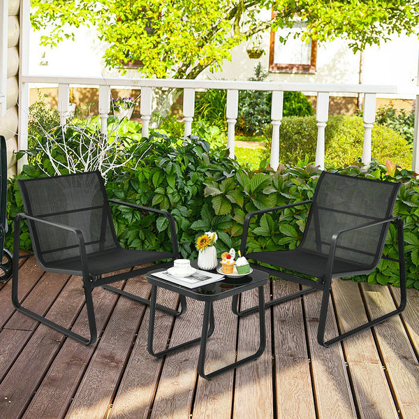 Brighten up your outdoor space with this 3-piece outdoor modern conversation set! Â  Made of anti-rust steel frame and fast-drying fabric  this patio bistro set can stay outside. Moreover  the widened seat  cozy backrest  ergonomic armrests and breathable