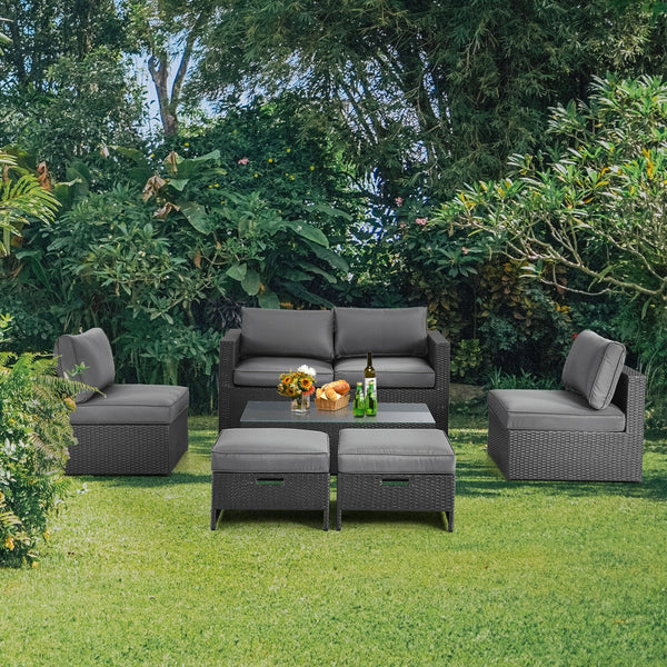 After working indoors for too long  people always want to go out for air and get close contact with nature. And our 6pcs patio furniture set provides a perfect outdoor relaxing place for you. Â  Our product features 1 loveseat  2 armless sofas  2 ottomans