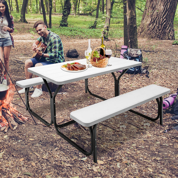 Made of non-toxic and odorless HDPE material to serve for years <br>Smooth surface with the natural wood grain to be a great addition to outdoors <br>Integrated metal frame with high strength to be sturdy without deformation <br>Thick 2 inches table holds