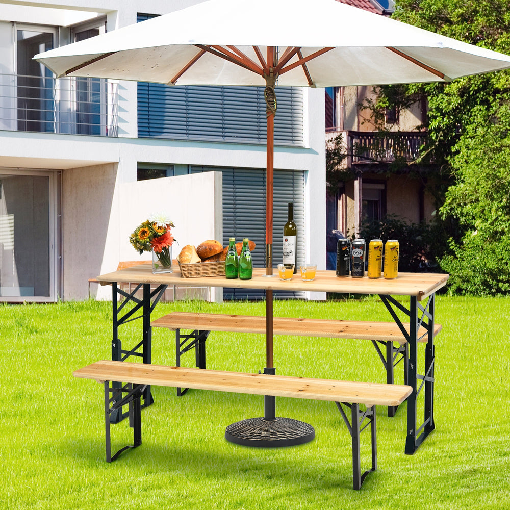 Premium wood ensures sturdy and durable structure<br>X-shape design increases the stability of table<br>2 adjustable heights for your different needs<br>Umbrella hole is designed for sun protection<br>Wood tabletop is spacious enough for holding food and 