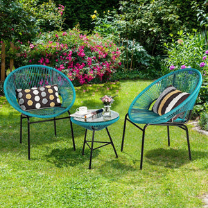 Constructed with sturdy steel pipe featuring high solidness and stability while also being waterproof <br>Made of high-quality plastic rope which has excellent weather resistance and is suitable for outdoor use <br>Chairs with ergonomic backrest for ultra