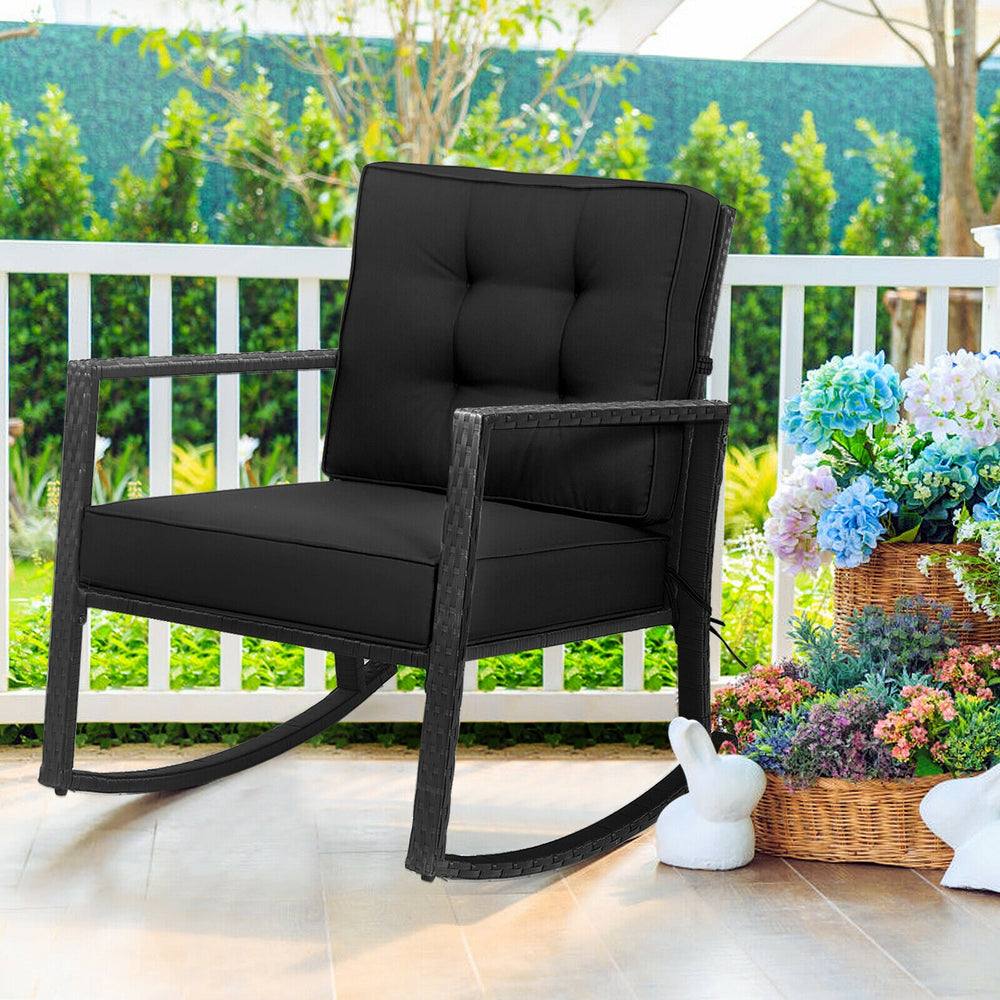 Sturdy and durable frame with exquisite rattan <br>Comfortable and safe rocking function <br>Thick and soft cushion for seat and back <br>Cushions are fixed by strings to prevent a move <br>Pads at the bottom can avoid sliding and protect rattan <br>Desig