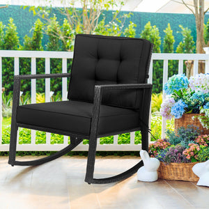 Sturdy and durable frame with exquisite rattan <br>Comfortable and safe rocking function <br>Thick and soft cushion for seat and back <br>Cushions are fixed by strings to prevent a move <br>Pads at the bottom can avoid sliding and protect rattan <br>Desig