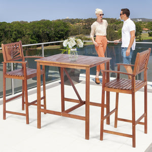 This patio bar set includes 1 bar table and 2 bar stools. Â  As a simple but elegant design with high durability and great comfort  our bar set will be your fabulous companion during outdoor leisure time. Made of high-quality acacia wood  the patio set po