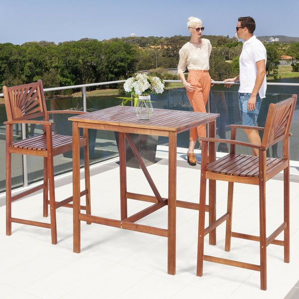This patio bar set includes 1 bar table and 2 bar stools. Â  As a simple but elegant design with high durability and great comfort  our bar set will be your fabulous companion during outdoor leisure time. Made of high-quality acacia wood  the patio set po
