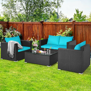 Including 1 x Table  2 x Single sofa  1 x Loveseat  4 x Seat cushion  4 x Back cushion  1 x Instruction<br>Stable steel frame can ensure a high-weight capacity<br>Weather-resistant PE rattan is durable enough for a long lifespan<br>Table and sofas come up