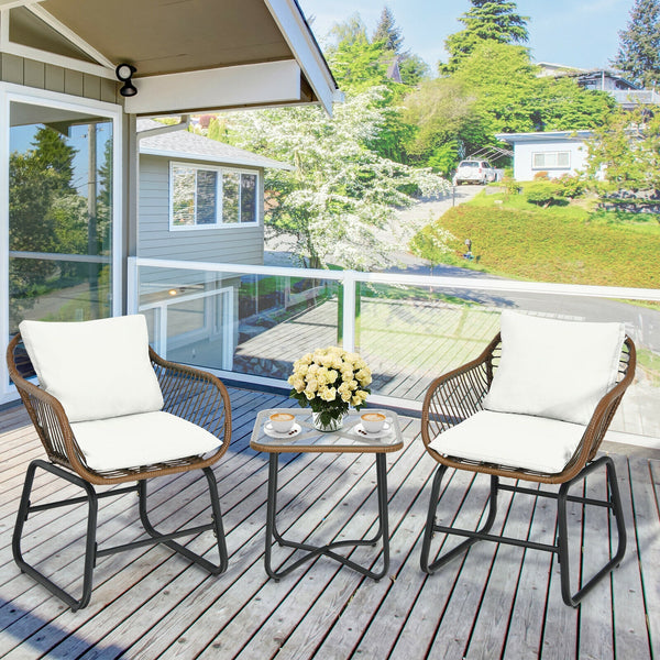 Including 2 x Armchair  1 x Square table  2 x Seat cushion  2 x Back cushion  1 x Instruction <br>Includes 2 armchairs  1 side table and 4 cushions <br>Weather-resistant PE rattan can be used for a long time <br>Armchair with solid construction can hold u