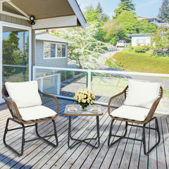 Including 2 x Armchair  1 x Square table  2 x Seat cushion  2 x Back cushion  1 x Instruction <br>Includes 2 armchairs  1 side table and 4 cushions <br>Weather-resistant PE rattan can be used for a long time <br>Armchair with solid construction can hold u