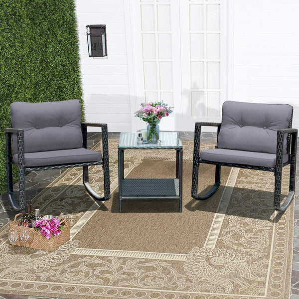 Including 1 table with tempered glass top and 2 rocking chairs <br>Sturdy and heavy steel frame ensures large weight capacity <br>High-quality PE wicker can withstand the moderate change in weather <br>Slightly sloping back and seat of the rocking chair o