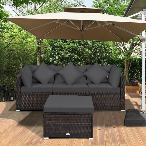 Includes 2 corner sofas  1armless table and 1 ottoman for versatile use<br>Sturdy powder-coated steel frame provides strong durability and stability<br>All-weather and wear-resistant PE rattan provides a long service life<br>Thick and soft sponge padded c