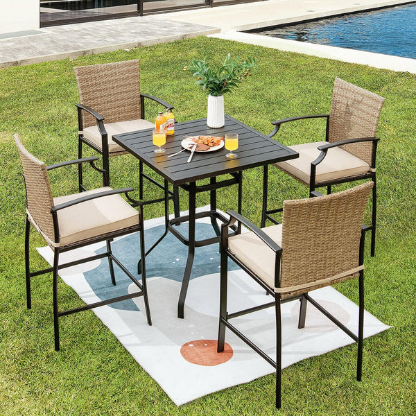 4 bar chairs and 1 bar table satisfy your multiple outdoor demands <br>Suitable for poolside  backyard  garden  etc. <br>Heavy-duty steel frame ensures high stability <br>Strong weight capacity: each chair 330 lbs and table 180 lbs <br>32" x 32" spacious 