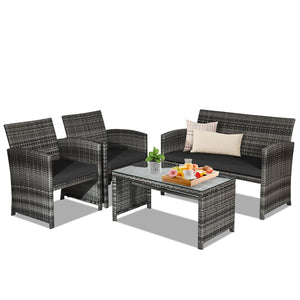 Rattan patio set includes one loveseat  two single chairs and one coffee table. <br>Made of high-quality rattan with strong built-in frame structure <br>Functional and beautiful design perfect for garden  backyard and balcony <br>Rattan coffee table with 