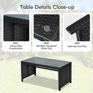 Comes with foot pads to protect the floor and add stability to the set<br>High-quality rattan and steel materials are used to ensure a long lifespan<br>PE rattan is waterproof and corrosion resistant<br>Suitable for balcony  rooftop  backyard  poolside  a