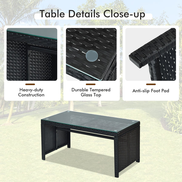 Comes with foot pads to protect the floor and add stability to the set<br>High-quality rattan and steel materials are used to ensure a long lifespan<br>PE rattan is waterproof and corrosion resistant<br>Suitable for balcony  rooftop  backyard  poolside  a